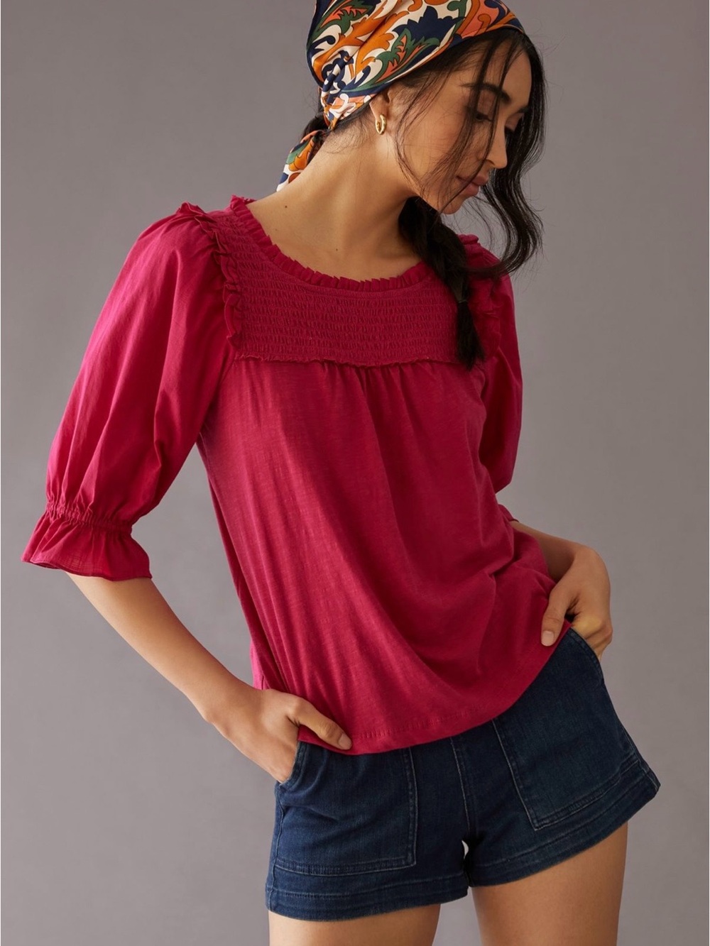 Anthropologie Raspberry Smocked Square-Neck Puff Sleeve Top